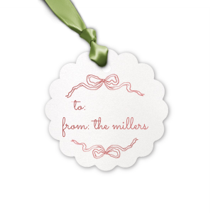 The beautiful Holiday Bow Tag makes a wonderful addition to any gift this holiday season. The simple and classic bow design is wrapped around custom text, making for memorable gift tags that add further personalization to your holiday presents. 