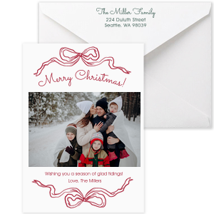Send seasons greetings with the Holiday Bows Card. The classy and elegant design is perfect for well-wishing and holiday hellos. Upload your own photograph to further personalize your perfect family holiday card!