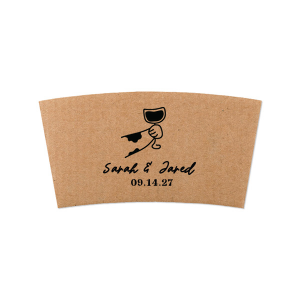 Cheers to love with the Toasting Hands Wedding Coffee Sleeve, adorned with a delightful cartoon hand raising a glass of wine in celebration. Beneath this charming graphic, add a personal touch with the couple's names in a playful script font, followed by the event date in a classic serif. A delightful addition to your event or business.