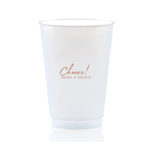 Raise a toast with the Cheers to the Couple Name Cup, where festivity meets elegance. A large, fanciful "Cheers!" in an exuberant script sets the stage for celebration, while the couple's names in bold capitals underscore the personal touch. This frosted cup's simple yet impactful design perfectly encapsulates the spirit of a joyous toast to love and unity.