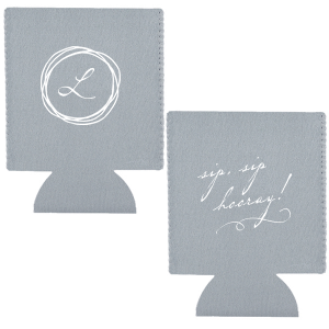 Keep the celebration cool with the Modern Scribble Frame Can Cooler. One side flaunts a whimsical scribble circle with your initial, while the other bursts with "sip sip hooray!" and playful swirls, adding flair and fun to every sip!