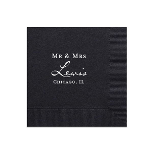 The Handwritten Mr & Mrs Napkin design elegantly combines tradition and sophistication. "Mr. & Mrs." are showcased in bold, all caps block lettering, complemented by the couple's last name in grand, formal script. The design is completed with the city and state, adding a personalized, distinguished touch.