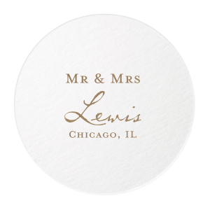 The ever-popular White Round Coaster with Shiny 18 Kt Gold Foil can be personalized to match your party's exact theme and tempo.