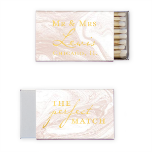 Ignite elegance with the Vintage Modern Mr & Mrs Matchbox. One side features "The Perfect Match", with 'Perfect' in a stunning vintage script amidst modern block letters. The reverse declares "Mr. and Mrs." followed by their shared surname in a grand vintage font, beneath which lies the event's name and city, crafting a sophisticated blend of old and new.