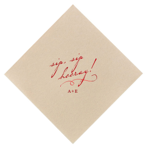 Add a touch of elegance to your celebration with the Vintage Sip Sip Hooray Napkin. Featuring a whisper-soft "sip sip hooray" and elegant flourish, it's perfect for those who appreciate a quieter kind of cheer. Personalize it to make every toast sophisticatedly yours. Cheers! 