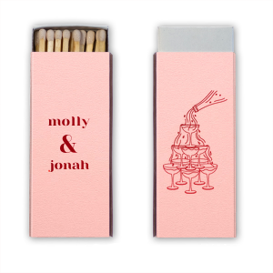 Shake up your celebration with our personalized foil-printed matches, featuring a classic champagne tower design! Add your names to create the perfect party favor, sparking joy and laughter at weddings, engagement parties, and anniversaries. Let's toast to fun!