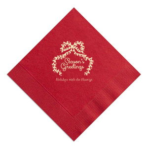 Personalize your party's theme with the Season's Greetings Napkin. The classic seasonal design feature customizable text in a variety of paper and ink colors to best match your impeccable taste, ensuring your holiday event is the year's highlight.