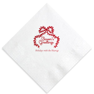 Personalize your party's theme with the Season's Greetings Napkin. The classic seasonal design feature customizable text in a variety of paper and ink colors to best match your impeccable taste, ensuring your holiday event is the year's highlight.