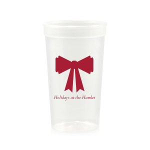 Stock up with supplies needed for seasonal spirits with the Holiday Bow Cup. Available in a wide variety of styles to best suite your function, the classic design is paired with customizable text. Your party is sure to be the highlight of the year!