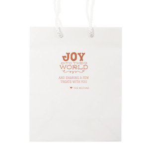 Send friends and family home with holiday goodies this year with the Joy To The World Bag. Fully customizable with a wide selection of colors and inks, add you personal touch to the holidays with our easy to use customizer! 