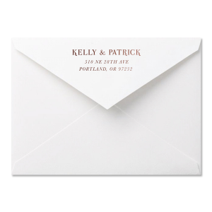 Custom White A7 Economy Envelope with Shiny 18 Kt Gold Foil has a Peony Flourish graphic and is good for use thank you cards and can be personalized to match your party's exact theme and tempo.
