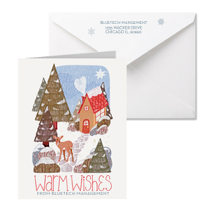 Send well wishes this season with our Warm Winter Wishes Note Card. Featuring a cozy winter cottage scene and customizable text, this holiday card is sure to bring joy to friends and family this year all across the country.