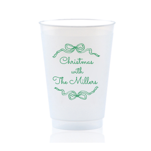 Let seasonal spirits overflow this year with the Holiday Bow Ribbon Cup. The festive design is paired with custom text, perfect for family holiday parties or nearly other festive function. 