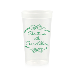 Let seasonal spirits overflow this year with the Holiday Bow Ribbon Cup. The festive design is paired with custom text, perfect for family holiday parties or nearly other festive function. 