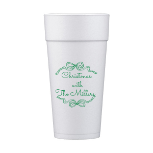 Let seasonal spirits overflow this year with the Holiday Bow Ribbon Cup. The festive design is paired with custom text, perfect for family holiday parties or nearly other festive function. 