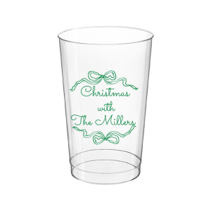 Let seasonal spirits overflow this year with the Holiday Bow Ribbon Cup. The festive design is paired with custom text, perfect for family holiday parties or nearly other festive function. 