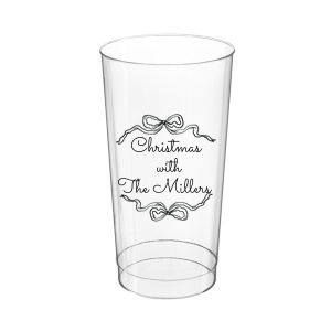 Let seasonal spirits overflow this year with the Holiday Bow Ribbon Cup. The festive design is paired with custom text, perfect for family holiday parties or nearly other festive function. 