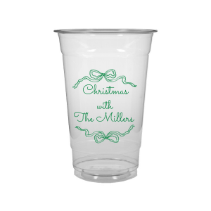 Let seasonal spirits overflow this year with the Holiday Bow Ribbon Cup. The festive design is paired with custom text, perfect for family holiday parties or nearly other festive function. 