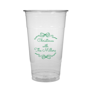 Let seasonal spirits overflow this year with the Holiday Bow Ribbon Cup. The festive design is paired with custom text, perfect for family holiday parties or nearly other festive function. 