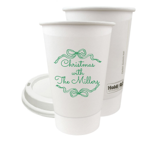 Let seasonal spirits overflow this year with the Holiday Bow Ribbon Cup. The festive design is paired with custom text, perfect for family holiday parties or nearly other festive function. 