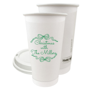 Let seasonal spirits overflow this year with the Holiday Bow Ribbon Cup. The festive design is paired with custom text, perfect for family holiday parties or nearly other festive function. 