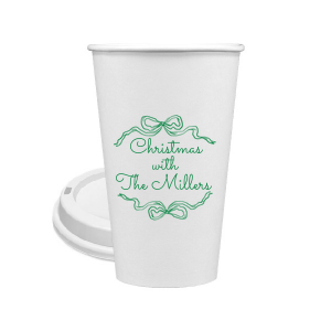 Let seasonal spirits overflow this year with the Holiday Bow Ribbon Cup. The festive design is paired with custom text, perfect for family holiday parties or nearly other festive function. 