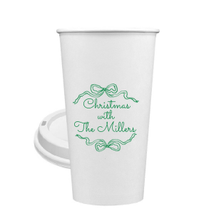 Let seasonal spirits overflow this year with the Holiday Bow Ribbon Cup. The festive design is paired with custom text, perfect for family holiday parties or nearly other festive function. 