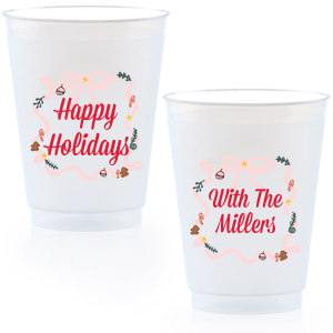 Complete your holiday party this year with the Happy Holidays Bows Cup. Both stylish and functional, this product comes in a variety of styles with fully customizable text on the front and back to best suit your festive needs.