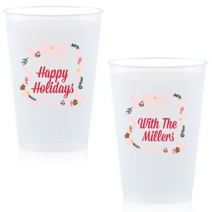 Complete your holiday party this year with the Happy Holidays Bows Cup. Both stylish and functional, this product comes in a variety of styles with fully customizable text on the front and back to best suit your festive needs.