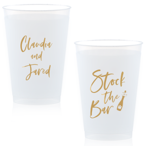 Raise a glass with the Stock the Bar Champagne Cup, where revelry meets design! One side toasts the happy couple with their names, while the other beckons with a spirited "Stock the Bar" and a bottle ready to pop—perfect for fueling festivities in style! 