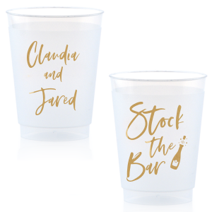 Raise a glass with the Stock the Bar Champagne Cup, where revelry meets design! One side toasts the happy couple with their names, while the other beckons with a spirited "Stock the Bar" and a bottle ready to pop—perfect for fueling festivities in style! 