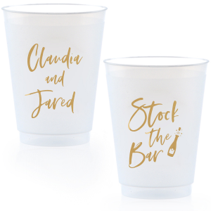 Raise a glass with the Stock the Bar Champagne Cup, where revelry meets design! One side toasts the happy couple with their names, while the other beckons with a spirited "Stock the Bar" and a bottle ready to pop—perfect for fueling festivities in style! 