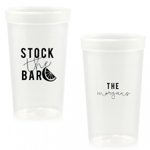 Gear up for a night of fun with the Stock the Bar Lime Cup. One side commands with flair—“Stock the Bar”—next to a zesty lime graphic, while the other proudly displays the hosts' name. It's your cue to sip, savor, and let the good times roll!