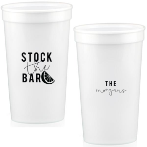Gear up for a night of fun with the Stock the Bar Lime Cup. One side commands with flair—“Stock the Bar”—next to a zesty lime graphic, while the other proudly displays the hosts' name. It's your cue to sip, savor, and let the good times roll!