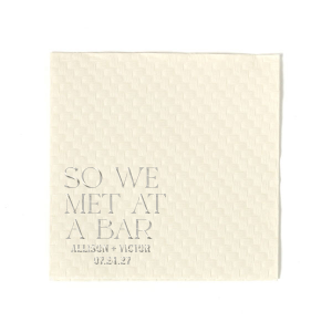 Tell your story with the Embossed Meet Cute Napkin. The trendy yet tasteful design is perfect for regaling friends and family with the humorous circumstances your meeting. Leave your impression today!