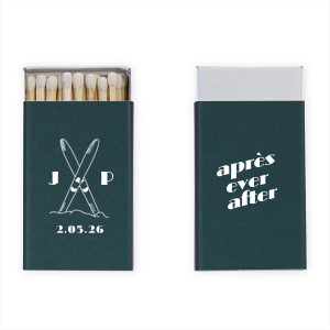 Light up the fireplace or candles and set the mood right with the Après Ever After Matchbox. Add a personal touch to customize the design to your liking, making a great gift or memento to share memories. 
