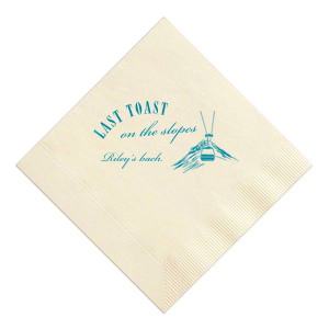 Set your party on track with the Last Toast on the Slopes Napkin. The high quality fabric features a idyllic winter mountain landscape and gondola lift. Customizable in a variety of fabric and foil colors, this trendy napkin is easy to personalize, guaranteeing a stylish hit at your festive function.