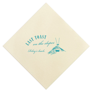 Set your party on track with the Last Toast on the Slopes Napkin. The high quality fabric features a idyllic winter mountain landscape and gondola lift. Customizable in a variety of fabric and foil colors, this trendy napkin is easy to personalize, guaranteeing a stylish hit at your festive function.
