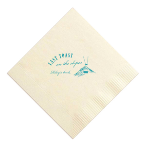 Set your party on track with the Last Toast on the Slopes Napkin. The high quality fabric features a idyllic winter mountain landscape and gondola lift. Customizable in a variety of fabric and foil colors, this trendy napkin is easy to personalize, guaranteeing a stylish hit at your festive function.