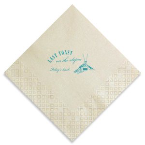 Set your party on track with the Last Toast on the Slopes Napkin. The high quality fabric features a idyllic winter mountain landscape and gondola lift. Customizable in a variety of fabric and foil colors, this trendy napkin is easy to personalize, guaranteeing a stylish hit at your festive function.