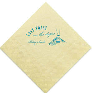 Set your party on track with the Last Toast on the Slopes Napkin. The high quality fabric features a idyllic winter mountain landscape and gondola lift. Customizable in a variety of fabric and foil colors, this trendy napkin is easy to personalize, guaranteeing a stylish hit at your festive function.