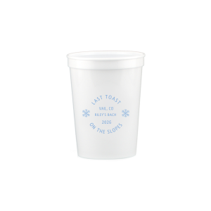 Celebrate good times with the Last Toast on the Slopes Stadium Cup. The durable and trendy cup comes in a variety of colors with customizable text to help express your unique taste. Perfect for winter bachelor &bachelorettes parties, holiday events or other festive function.