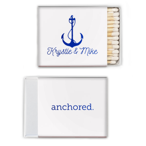 Kindle a sense of steadfast unity with the Anchored in Love Names Matchbox featuring a bold 'anchored.' statement and a classic anchor symbol. Below, the couple's names in simple script affirm a love as enduring as the deepest ocean.