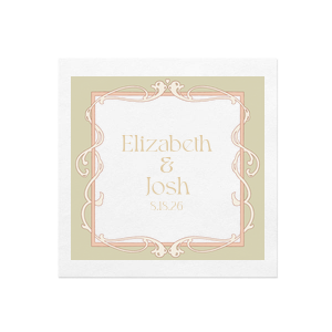 Celebrate your next momentous occasion with the Art Nouveau Frame Full Color Cocktail Napkin. The beautiful ink printed design evokes the elegant arches and patterns of art nouveau movement, a timeless motif that is certain to be a centerpiece of your party. Perfect for weddings, engagements or retirements, the customizable text is available in a variety of colors to match the aesthetic of your next lifetime event. 