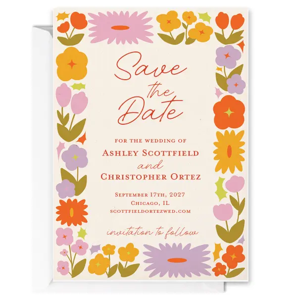 Ring in spring with the sunny Flower Garden Border Full Color Invitation. The printed invitation features colorful flowers bordering the text to create a lovely accent for your event details. Perfect for weddings, engagements, or other joyous functions, this design will surely shine bright at your next special life time event. 