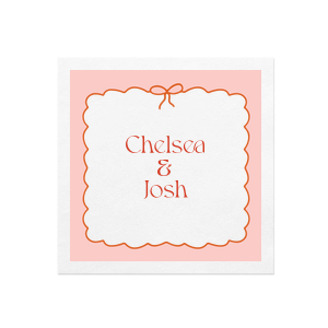 There's nothing prettier than the Pink Border & Ribbon Photo Napkin! The ink printed design features customizable text to add a personal touch for your next special occasion. Whether for engagements, weddings, or anniversaries, the high quality napkin is perfect for your next lovely event.