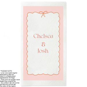 There's nothing prettier than the Pink Border & Ribbon Photo Napkin! The ink printed design features customizable text to add a personal touch for your next special occasion. Whether for engagements, weddings, or anniversaries, the high quality napkin is perfect for your next lovely event.