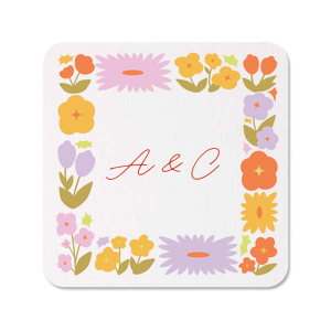 Brighten any party with the Flower Garden Border Photo Coaster! Perfect for spring or summer time events, the high quality photo coaster features a graphic of colorful garden flowers bordering initials to impart a sunny feeling for any function. Perfect for baby showers, engagements or weddings, making memorable keepsakes that shine a light in the life of those you love.