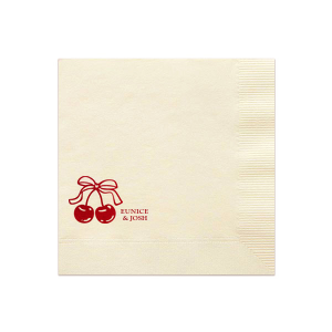 There's nothing sweeter than our Cherry Bow Names Napkin for your next party event! Featuring a duo of cherries tied together by a bow, the design is as cute as you and your lover. Customize the text to make it extra special at your next momentous occasion, be it an engagement, wedding, anniversary or any other celebration of love.