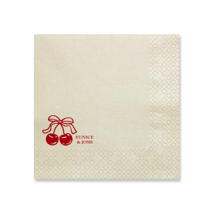 There's nothing sweeter than our Cherry Bow Names Napkin for your next party event! Featuring a duo of cherries tied together by a bow, the design is as cute as you and your lover. Customize the text to make it extra special at your next momentous occasion, be it an engagement, wedding, anniversary or any other celebration of love.